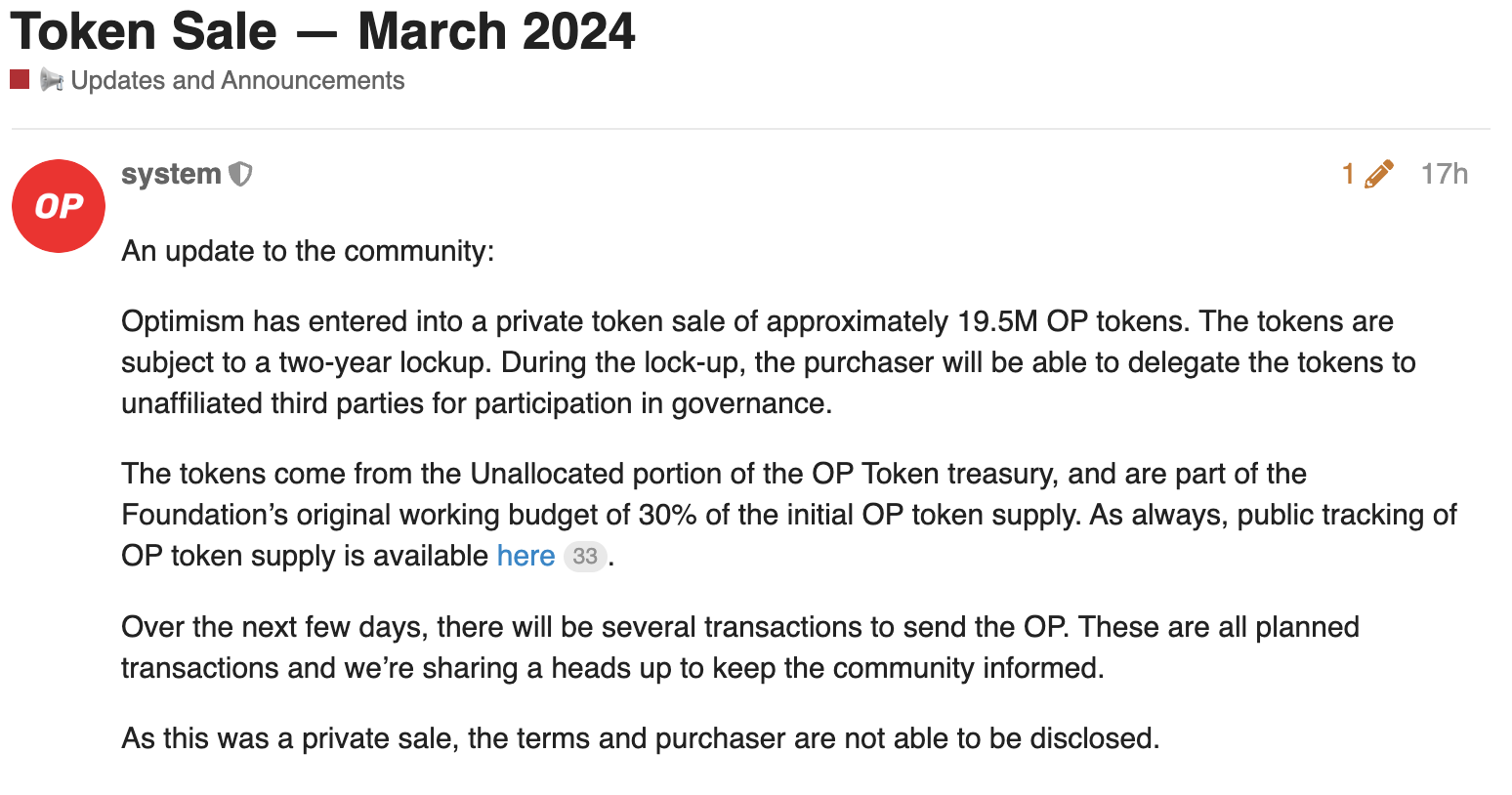 Optimism risks decline as OP Foundation sells $90 million worth of